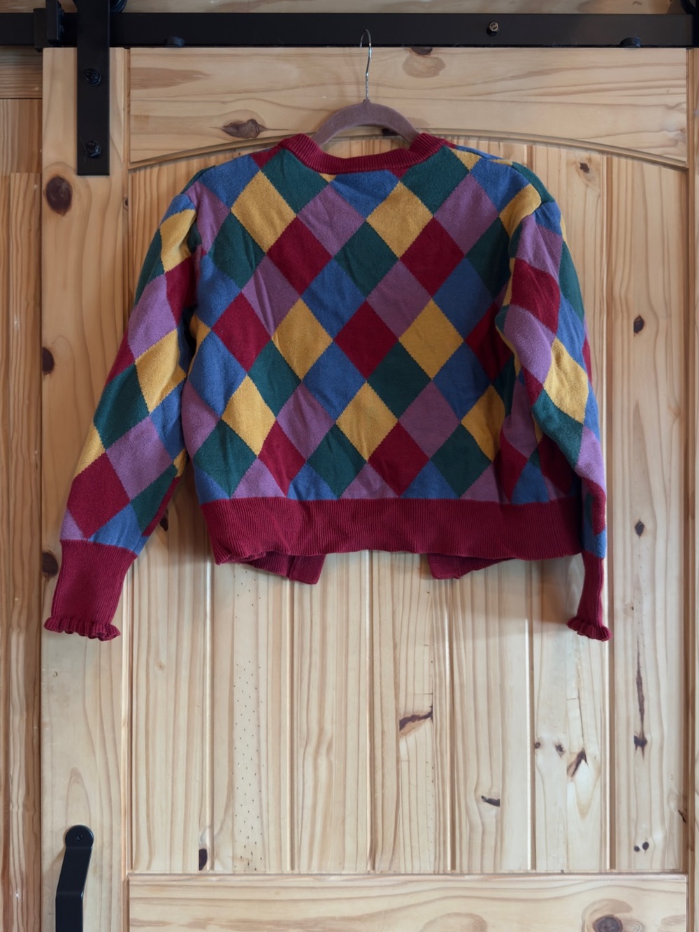 Colorful Argyle Pattern Cardigan with Ruffle Cuffs - Picture 3 of 3